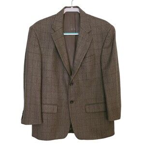 Oscar de la Renta Mens Cashmere Wool Plaid Blazer Jacket Brown 2-Button Size 42S